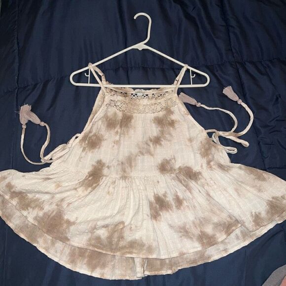 Aerie Boho Babydoll Tie Dye Tank Top Lace Crochet Side Tassel Tie Linen size XS - Picture 2 of 5